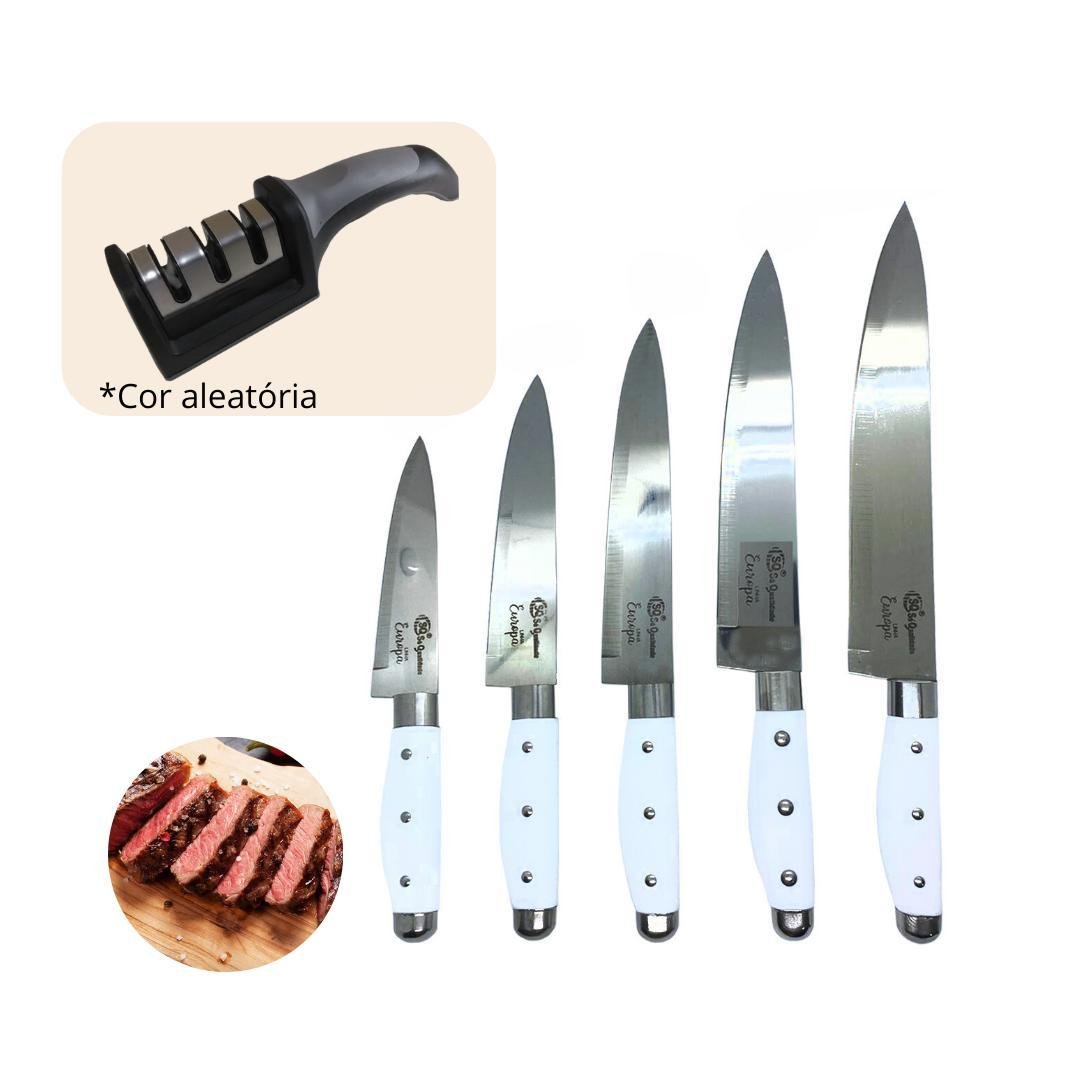 Kit 5 Facas Inox Cozinha Carne Churrasco + Amolador Afiador - 3