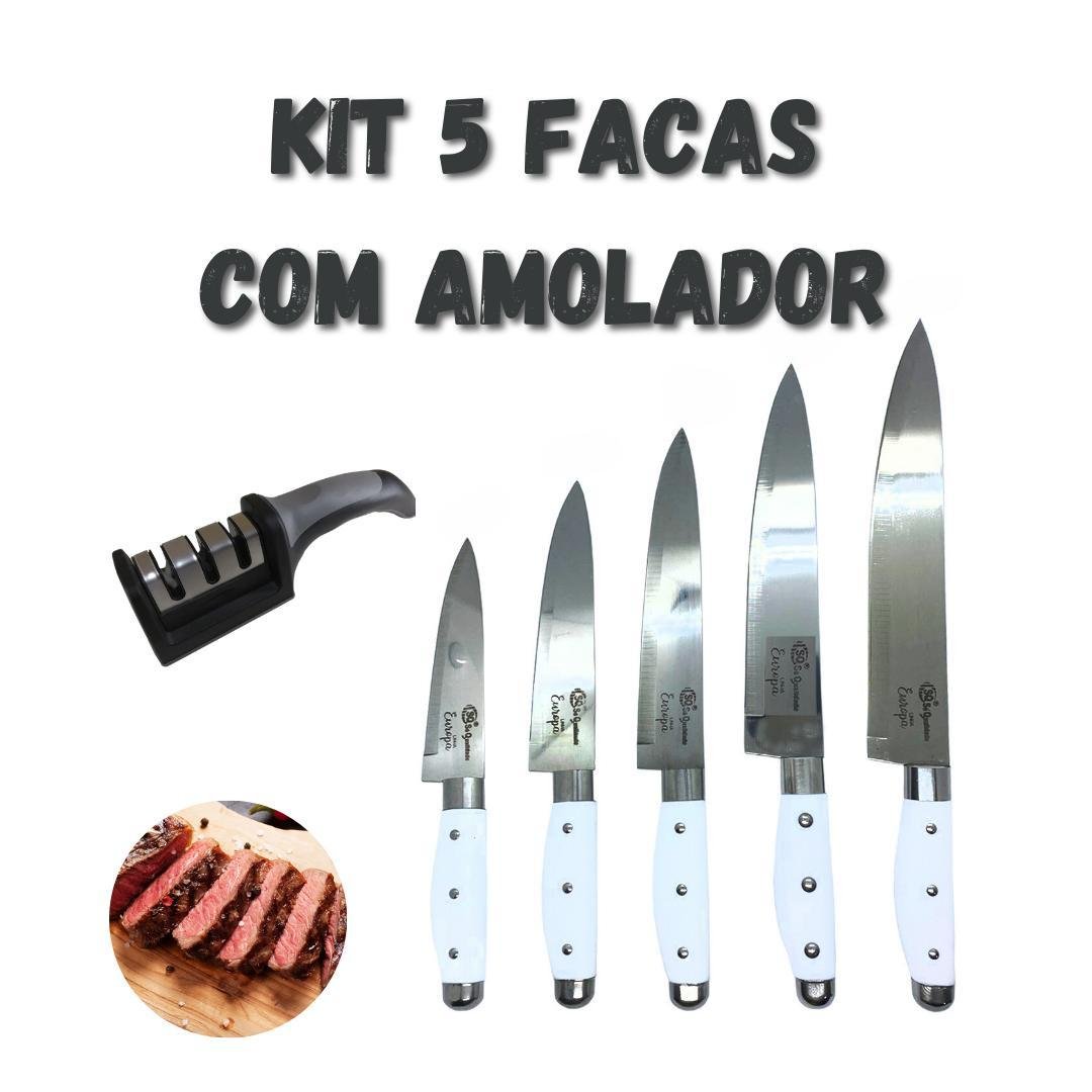 Kit 5 Facas Inox Cozinha Carne Churrasco + Amolador Afiador - 2