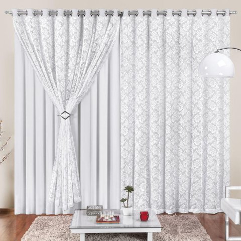 Cortina 4 Mt Sala Quarto Renda com Malha para Trilho Comum Baratissima Branca