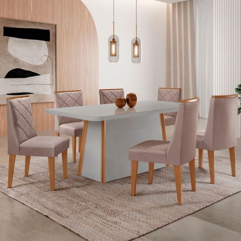 Mesa de Jantar Diane 180cm Tampo Mdf Vidro 6 Cadeiras Isadora Moderna Linho Capuccino Off White