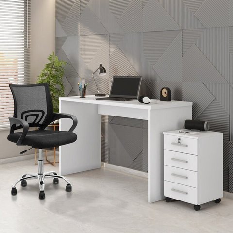 Conjunto 3 Peças com Cadeira para Escritório, Escrivaninha e Gaveteiro Gávea Espresso Móveis Branco Preto