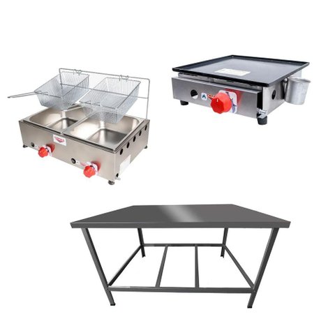 Kit Lanchonete Mesa de Manipulação 100x55cm + Fritadeira a Gás 2 Cuba + Chapa a Gás 30cm