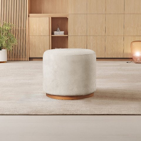 Puff Redondo para Sala Base de Madeira Linho Bege Nude