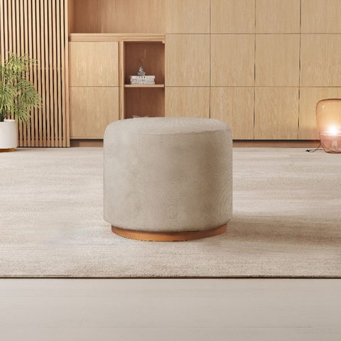 Puff Redondo para Sala Base de Madeira Linho