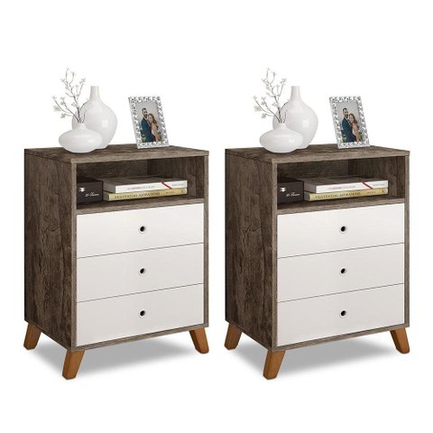 Conjunto 2 Criados de Cabeceiras 3 Gavetas e 1 Nicho Castani com Branco