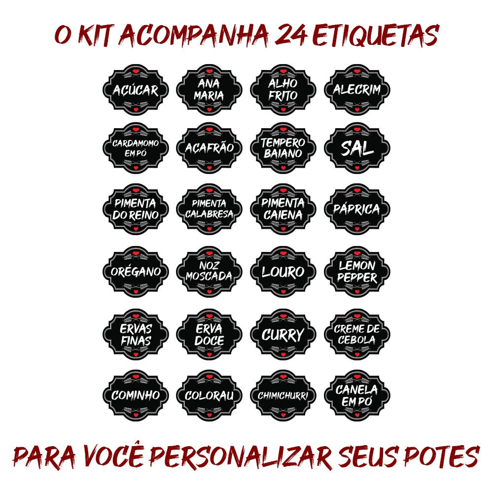 Pote Tempero Kit 10 Potes+24 Etiquetas Adesivas Porta Condimento Q170 Arte na Arte Potes de Tempero  - 20