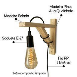 Arandela Mão Francesa De Parede Em Madeira Pinus Com Fio 2 Metros - 5