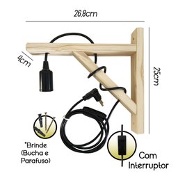 Arandela Mão Francesa De Parede Em Madeira Pinus Com Fio 2 Metros - 7