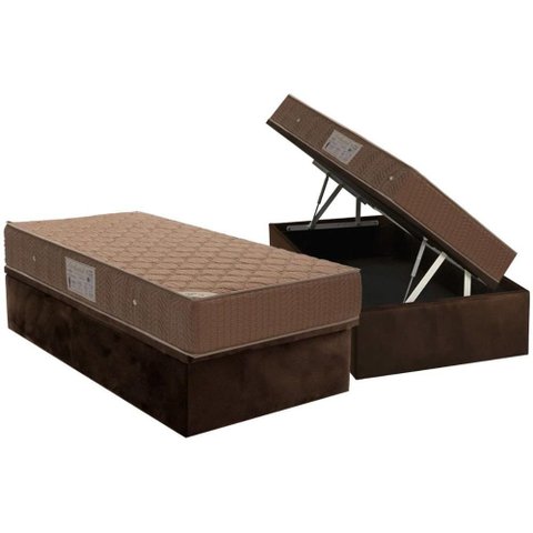 Conjunto Box Baú Solteiro Colchão Molas Ortobom Nanolastic Orthotel Spring + Base Crc Suede Brown