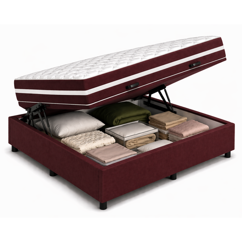 Kit Cama Box Baú Casal 138x188 cm + Colchão Molas Bonnel Casal 28 cm Vinho Suede