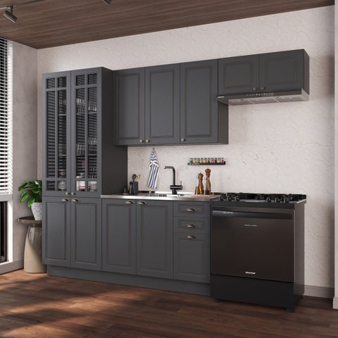 Cozinha Modulada 4 Peças Cristaleira Balcão sem Tampo 2 Aéreos 100% MDF com Rodapé Bari