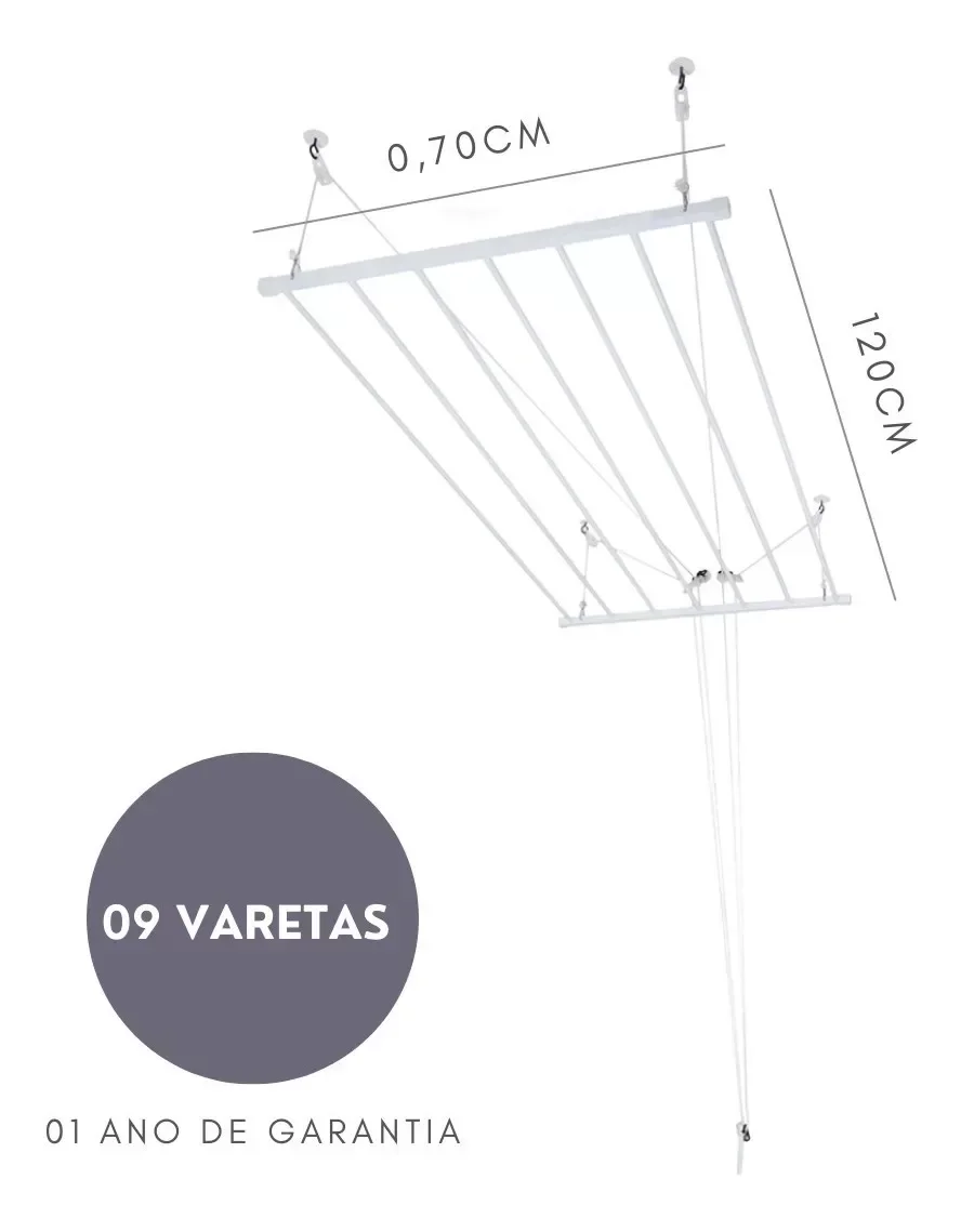 Varal De Teto Tradicional 120cm x 09 Varetas - Em Alumínio Branco - 2
