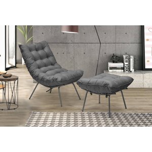 Poltrona Decorativa Costela com Puff Adão Preto - Cinza
