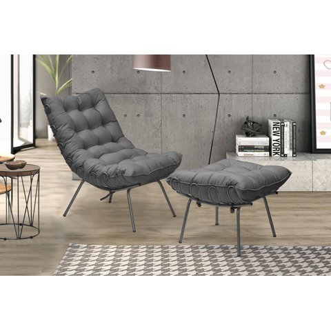 Poltrona Decorativa Costela com Puff Adão Preto - Cinza