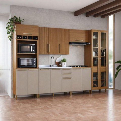 Cozinha Modulada Indekes 6 Peças 13 Portas 3 Gavetas Freijo/camurça