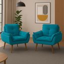 Ver imagem 2 de Kit 2 Poltronas para Sala Decorativa Opala Pés Madeira Suede Azul Turquesa Império Decor