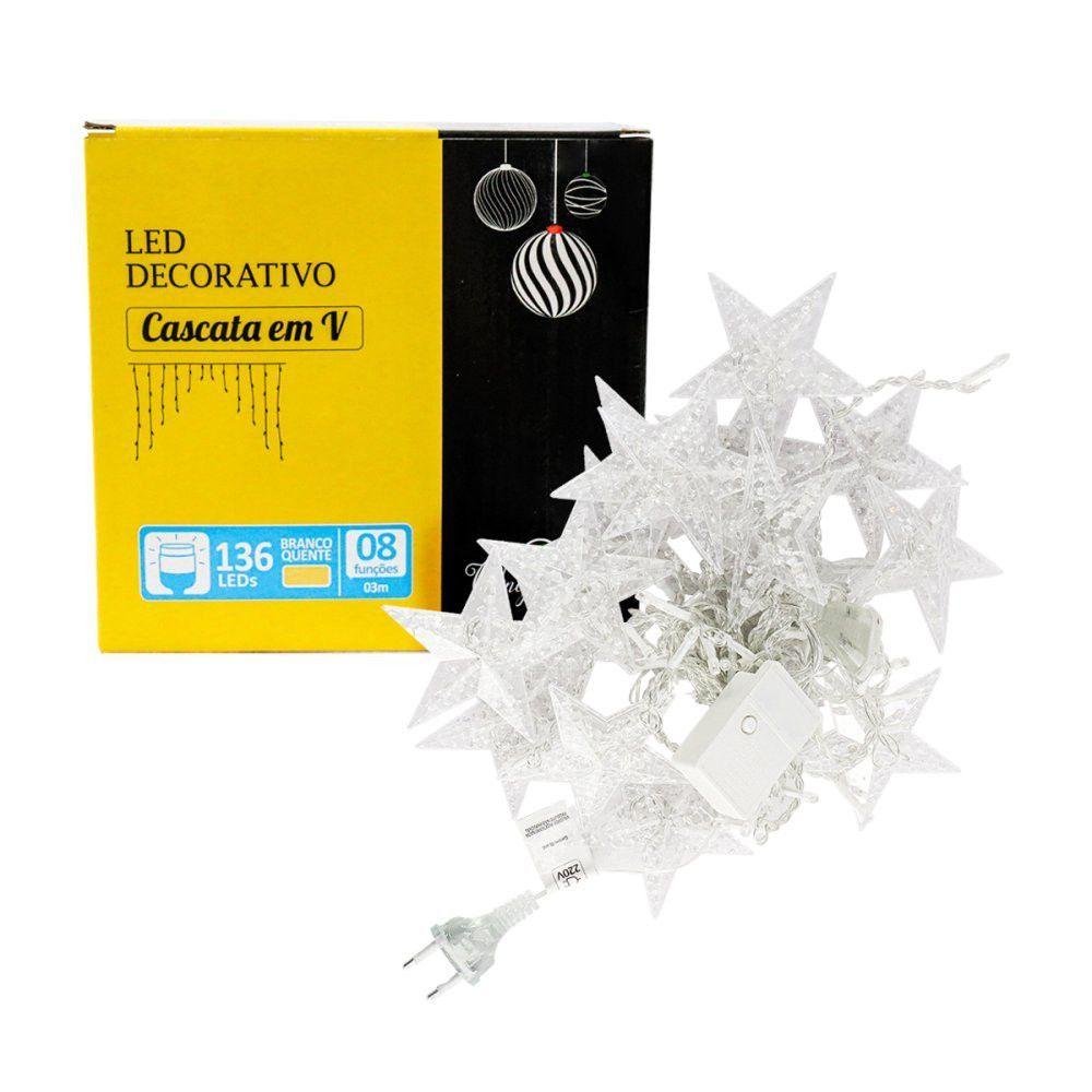 Cascata em V Estrela Natal 3 Metros 8 Funções 136 Leds Branco Quente 220v - 2