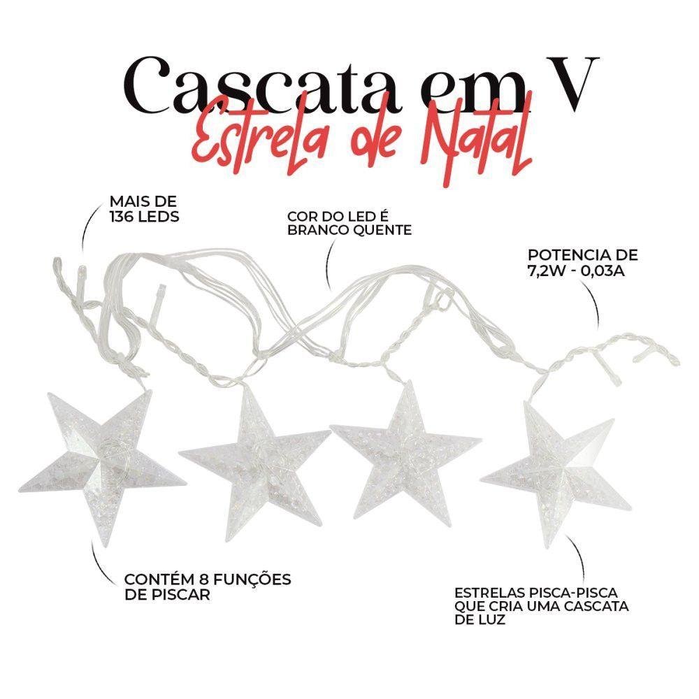 Cascata em V Estrela Natal 3 Metros 8 Funções 136 Leds Branco Quente 220v - 5