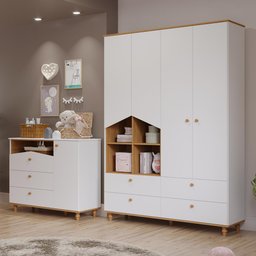 Jogo de Quarto Infantil Casinha Guarda Roupa e Cômoda 1 Porta Branco/nature - Permóbili Baby - 2