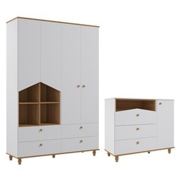 Jogo de Quarto Infantil Casinha Guarda Roupa e Cômoda 1 Porta Branco/nature - Permóbili Baby - 1