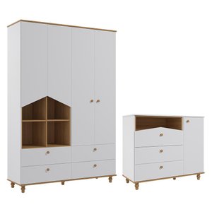 Jogo de Quarto Infantil Casinha Guarda Roupa e Cômoda 1 Porta Branco/nature - Permóbili Baby