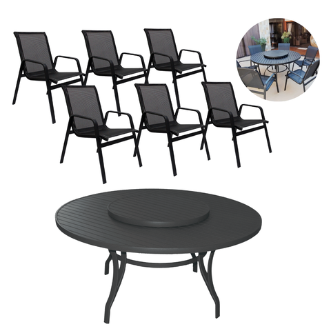 Jogo de Mesa Giratória 1,40m + 6 Cadeiras Preta Piscina Jantar Jardim