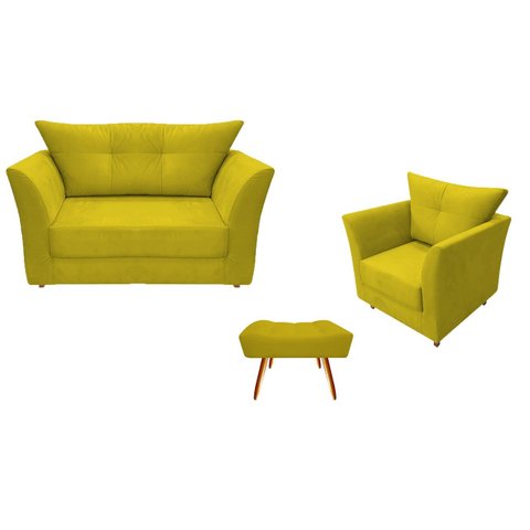 Kit Namoradeira + 1 Poltrona Decorativa Isis + 1 Puff Retangular Couro Amarelo Pés Madeira Mz Decor