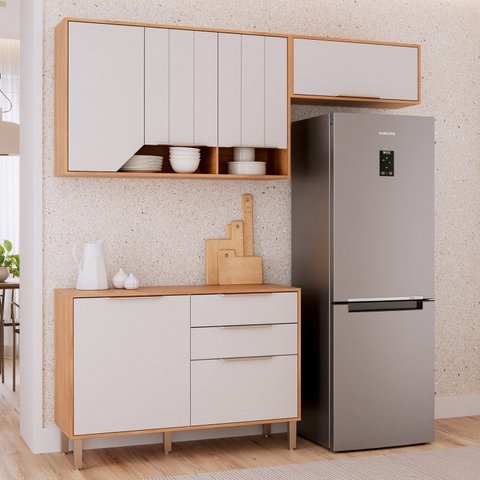 Cozinha Modulada 3 Peças com 1 Balcão e 2 Armários Aéreo Celeste Cinmomo/Offwhite