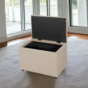 Puff Baú 60cm Porta Treco Madeira Veludo Estofado Premium:bege