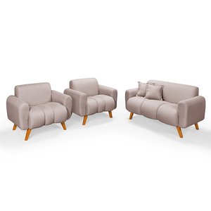 Conjunto Dallas Namoradeira com Duas Poltronas em Linho Pes em Madeira: Creme