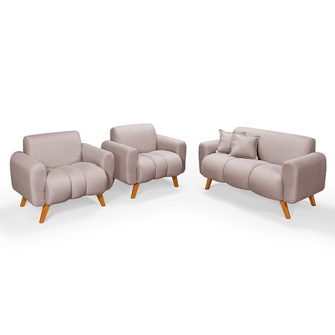 Conjunto Dallas Namoradeira com Duas Poltronas em Linho Pes em Madeira: Creme