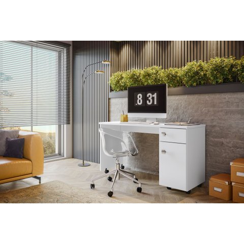 Escrivaninha Office Malta Lukaliam com Gaveta com Chave Rodízios Tampo 25mm 1,35m:branco