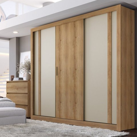 Guarda-Roupa Casal 3 Portas de Correr 4 Gavetas 227 x 230cm Ibiza Yescasa Cappuccino/Off White