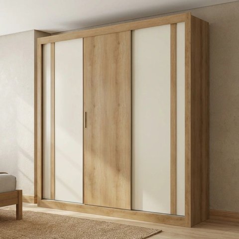 Guarda-Roupa Casal 3 Portas de Correr 4 Gavetas 227 x 230cm Ibiza Yescasa Cappuccino/Off White