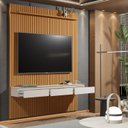 Ver imagem 6 de Painel Ripado Suspenso para TV até 75 Polegadas 100% MDF 183,6cmx240cm 3 Gavetas Arbo Marrom Cedro/Off White