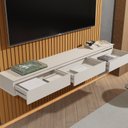 Ver imagem 4 de Painel Ripado Suspenso para TV até 75 Polegadas 100% MDF 183,6cmx240cm 3 Gavetas Arbo Marrom Cedro/Off White