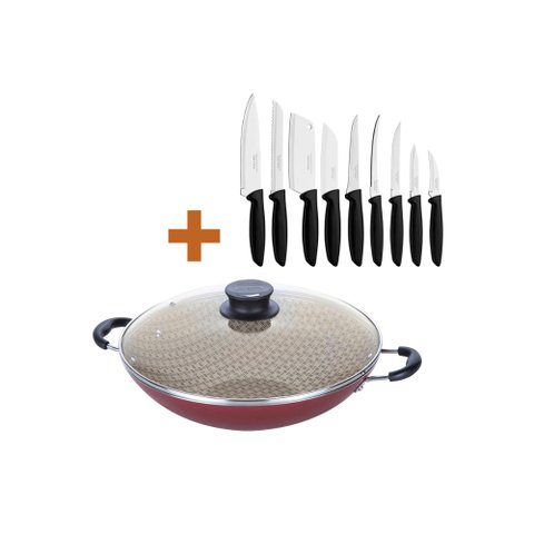 KIT - Panela WOK 6L Alumínio 36 cm Paris Vermelho + 1 Conjunto Facas 9pç - Tramontina