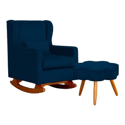 Poltrona C/ Puff Balanço Amamentação Aurora Suede Azul Marinho - Lm Decor