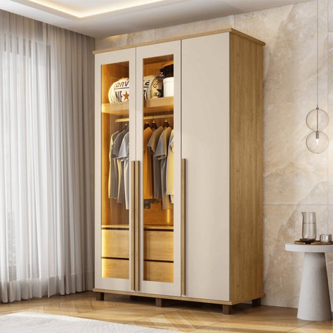 Guarda-Roupas Milão 3 Portas com 2 Portas Reflecta LED e 2 Gavetas Internas Cinamomo Off White