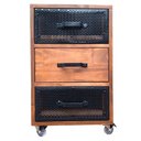 Ver imagem 1 de Mesa de Cabeceira Industrial de Madeira Cor Imbuia e Ferro em Preto - 3 Gavetas e 4 Rodízios