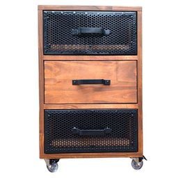 Mesa de Cabeceira Industrial de Madeira Cor Imbuia e Ferro em Preto - 3 Gavetas e 4 Rodízios - 1