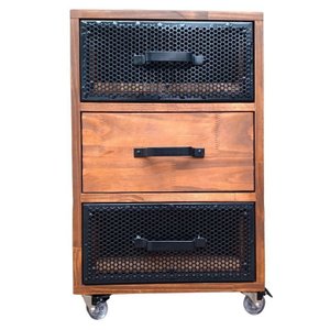 Mesa de Cabeceira Industrial de Madeira Cor Imbuia e Ferro em Preto - 3 Gavetas e 4 Rodízios