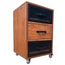 Ver imagem 2 de Mesa de Cabeceira Industrial de Madeira Cor Imbuia e Ferro em Preto - 3 Gavetas e 4 Rodízios