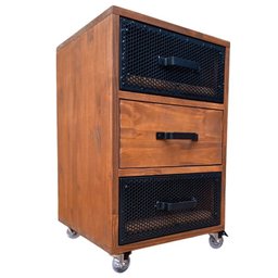 Mesa de Cabeceira Industrial de Madeira Cor Imbuia e Ferro em Preto - 3 Gavetas e 4 Rodízios - 2