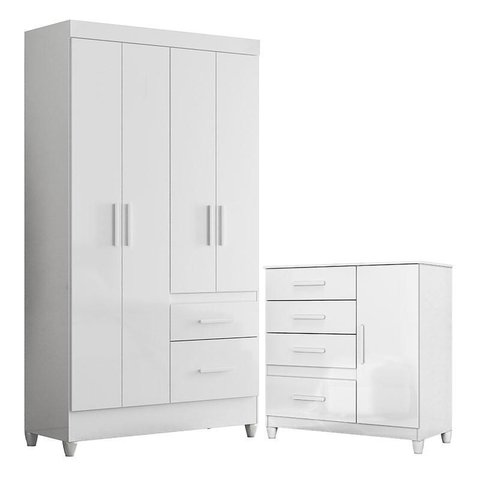 Guarda Roupa Solteiro Madri e Cômoda Vênus com Pés Branco Flex – Moval