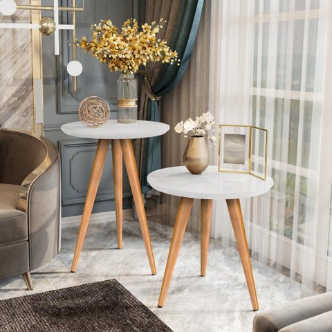 Conjunto 2 Mesas Classic para Sala com Pés Estilo Retrô Palito - Branco