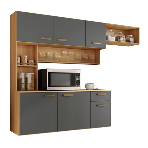 Kit Cozinha Compacta Suspensa Manu 6 Portas Moderna Premium Completa Cor Freijo Grafite Acetina