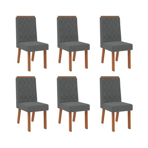 Conjunto com 6 Cadeiras Estofadas para Mesa de Jantar Sara MDF Freijó Linho Granito DJ Móveis