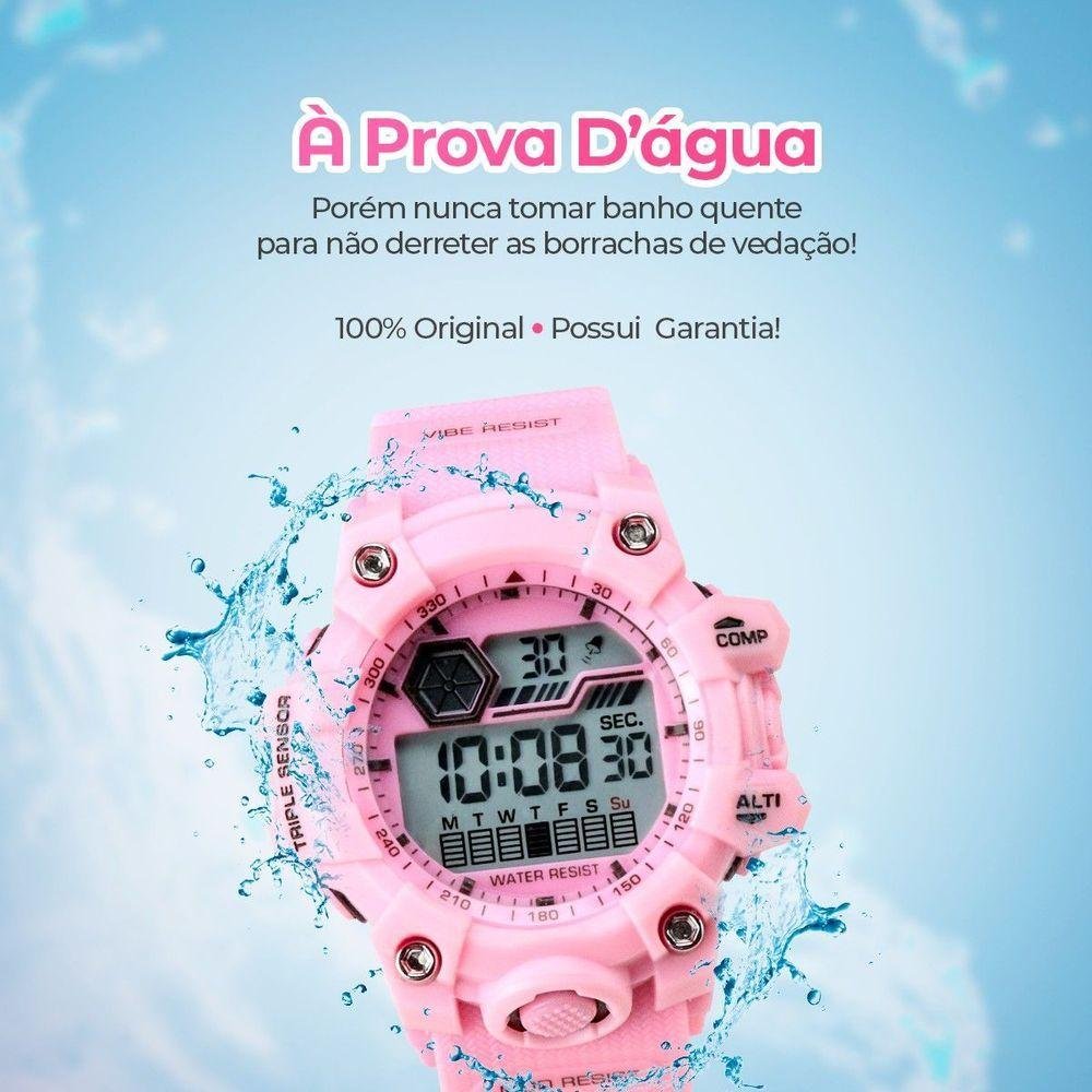 Relogio Digital Prova Dagua Rosa Infantil + Oculos Sol Esportivo Silicone Alarme Cronometro Criança - 3