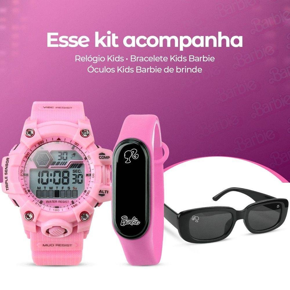 Relogio Digital Prova Dagua Rosa Infantil + Oculos Sol Esportivo Silicone Alarme Cronometro Criança - 5